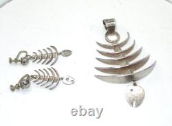 Vintage Mexico 925 Sterling Silver Necklace Fish Bones Skeleton Pendant Set 28g