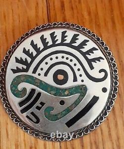 Vintage Mexico Sterling Silver Tribal Raven Turquoise Round Pendant Pin Signed
