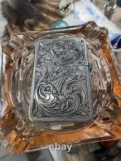 Vintage Mid Century Hand Engraved 800 Sterling Silver Lighter w Zippo Insert