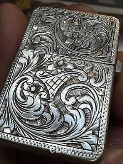 Vintage Mid Century Hand Engraved 800 Sterling Silver Lighter w Zippo Insert