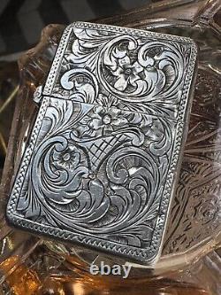 Vintage Mid Century Hand Engraved 800 Sterling Silver Lighter w Zippo Insert