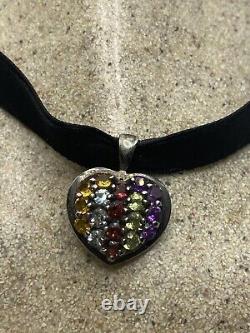 Vintage Mixed Gemstone Heart Deco 925 Sterling Silver Necklace