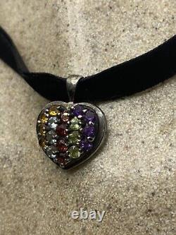 Vintage Mixed Gemstone Heart Deco 925 Sterling Silver Necklace