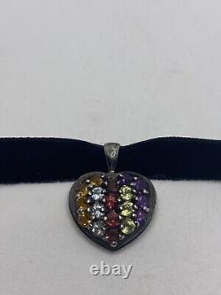 Vintage Mixed Gemstone Heart Deco 925 Sterling Silver Necklace