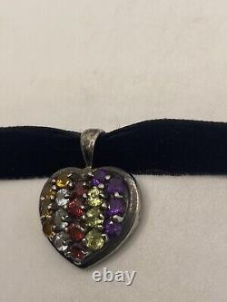 Vintage Mixed Gemstone Heart Deco 925 Sterling Silver Necklace