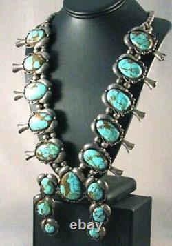 Vintage NATURAL ROYSTON TURQUOISE SQUASH BLOSSOM NECKLACE, Old Pawn c1960s, HUGE