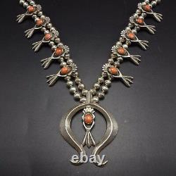 Vintage NAVAJO Sand Cast Sterling Silver & CORAL SQUASH BLOSSOM Necklace