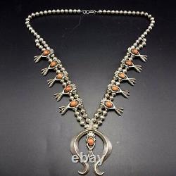 Vintage NAVAJO Sand Cast Sterling Silver & CORAL SQUASH BLOSSOM Necklace