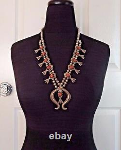 Vintage NAVAJO Sand Cast Sterling Silver & CORAL SQUASH BLOSSOM Necklace