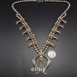 Vintage NAVAJO Sand Cast Sterling Silver & CORAL SQUASH BLOSSOM Necklace