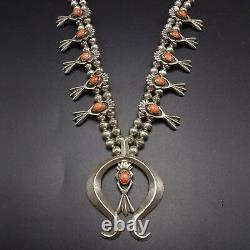 Vintage NAVAJO Sand Cast Sterling Silver & CORAL SQUASH BLOSSOM Necklace