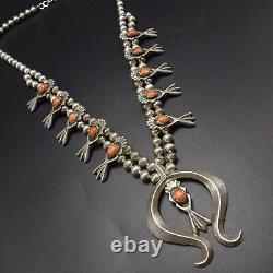 Vintage NAVAJO Sand Cast Sterling Silver & CORAL SQUASH BLOSSOM Necklace