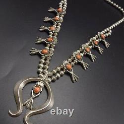 Vintage NAVAJO Sand Cast Sterling Silver & CORAL SQUASH BLOSSOM Necklace