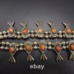 Vintage NAVAJO Sand Cast Sterling Silver & CORAL SQUASH BLOSSOM Necklace