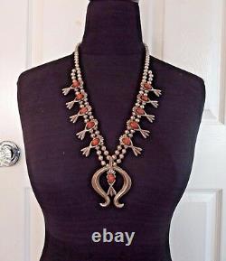 Vintage NAVAJO Sand Cast Sterling Silver & CORAL SQUASH BLOSSOM Necklace