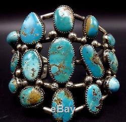 Vintage NAVAJO Sterling Silver & FOX TURQUOISE Cluster Cuff BRACELET 73g