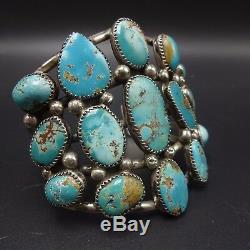 Vintage NAVAJO Sterling Silver & FOX TURQUOISE Cluster Cuff BRACELET 73g