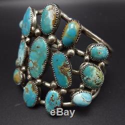 Vintage NAVAJO Sterling Silver & FOX TURQUOISE Cluster Cuff BRACELET 73g