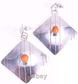 Vintage Native 925 Sterling Silver Coral Square Drop Earrings Signed H. Wood