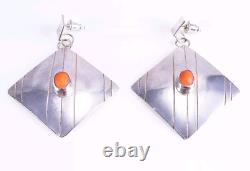 Vintage Native 925 Sterling Silver Coral Square Drop Earrings Signed H. Wood