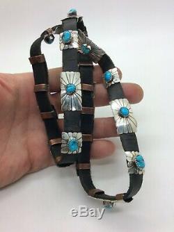 Vintage Native American Navajo Hat Band Sterling Silver Concho with Turquoise