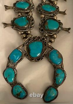Vintage Native American Navajo Squash Blossom Sterling Silver Turquoise Necklace