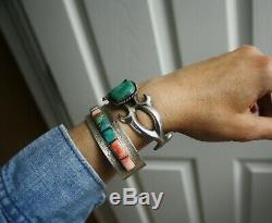Vintage Native American Navajo Sterling Silver Sandcast Turquoise Cuff Bracelet