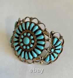 Vintage Native American Navajo Sterling Silver Turquoise Cluster Cuff Bracelet