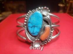 Vintage Native American, Navajo Turquoise & Coral Sterling Bracelet Signed RY