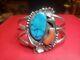 Vintage Native American, Navajo Turquoise & Coral Sterling Bracelet Signed Ry