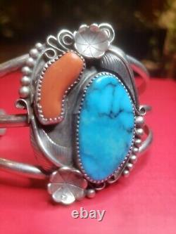 Vintage Native American, Navajo Turquoise & Coral Sterling Bracelet Signed RY