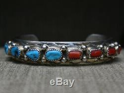 Vintage Native American Navajo Turquoise Coral Sterling Cuff Bracelet Large Size