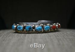 Vintage Native American Navajo Turquoise Coral Sterling Cuff Bracelet Large Size