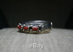 Vintage Native American Navajo Turquoise Coral Sterling Cuff Bracelet Large Size