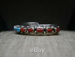 Vintage Native American Navajo Turquoise Coral Sterling Cuff Bracelet Large Size