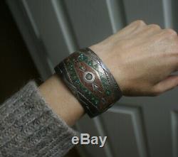 Vintage Native American Navajo Turquoise Inlay Sterling Silver Cuff Bracelet