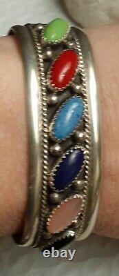 Vintage Native American Sterling Silver Multi Gemstone Bracelet Signed JS