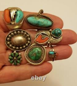 Vintage Native American Sterling Silver Turquoise & Coral Ring Lot