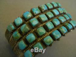 Vintage Native American Turquoise Row Sterling Silver Cuff Bracelet Signed SWM