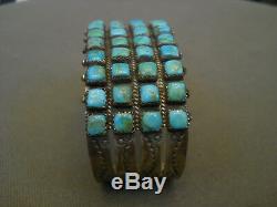 Vintage Native American Turquoise Row Sterling Silver Cuff Bracelet Signed SWM