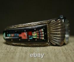 Vintage Native American Zuni Micro Inlay Sterling Silver Watch Cuff Bracelet