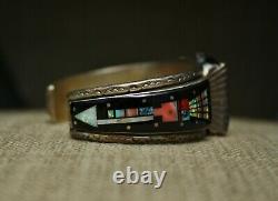Vintage Native American Zuni Micro Inlay Sterling Silver Watch Cuff Bracelet
