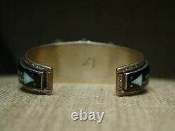 Vintage Native American Zuni Micro Inlay Sterling Silver Watch Cuff Bracelet