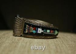 Vintage Native American Zuni Micro Inlay Sterling Silver Watch Cuff Bracelet