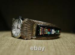 Vintage Native American Zuni Micro Inlay Sterling Silver Watch Cuff Bracelet