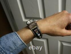 Vintage Native American Zuni Micro Inlay Sterling Silver Watch Cuff Bracelet