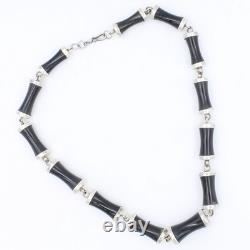 Vintage Natural Black Onyx Bamboo Bead Necklace in Sterling Silver 20 Inch