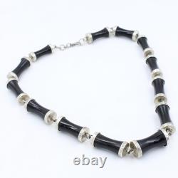 Vintage Natural Black Onyx Bamboo Bead Necklace in Sterling Silver 20 Inch