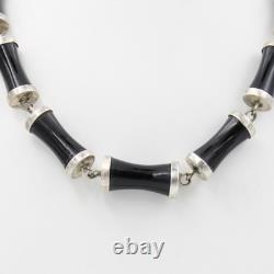 Vintage Natural Black Onyx Bamboo Bead Necklace in Sterling Silver 20 Inch