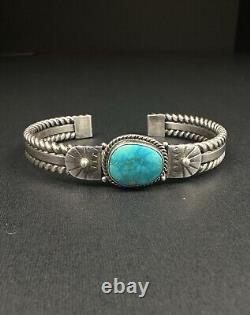 Vintage Navajo Blue Turquoise Sterling Silver Rope Cuff Bracelet Signed 31g #197